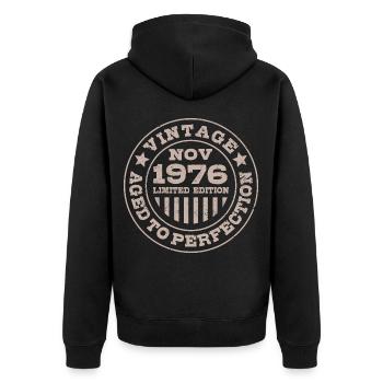 Vintage November 1976 Limited Edition Circle - Unisex Premium Bio Zip Hoodie - Schwarz - Hinten - Nico (187cm)