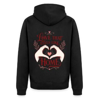 Liebe, die sich wie Zuhause anfühlt – Romantische Herzhände - Unisex Premium Bio Zip Hoodie - Schwarz - Hinten - Nico (187cm)