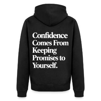 Selbstvertrauen entsteht, wenn man seine eigenen Versprechen hält - Unisex Premium Bio Zip Hoodie - Schwarz - Hinten - Nico (187cm)