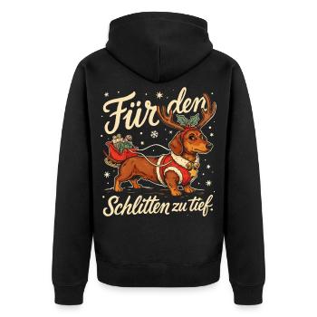 Dackel mit Weihnachtsschlitten und Geschenken - Unisex Premium Bio Zip Hoodie - Schwarz - Hinten - Nico (187cm)
