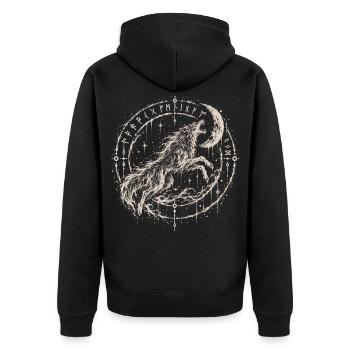 Der Wolf, der den Mond jagt - Unisex Premium Bio Zip Hoodie - Schwarz - Hinten - Nico (187cm)