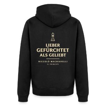 Lieber gefürchtet als geliebt Machiavelli Zitat - Unisex Premium Bio Zip Hoodie - Schwarz - Hinten - Nico (187cm)