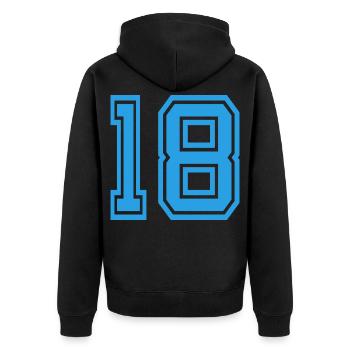 Zahl 18 Neon Blau - Unisex Premium Bio Zip Hoodie - Schwarz - Hinten - Nico (187cm)