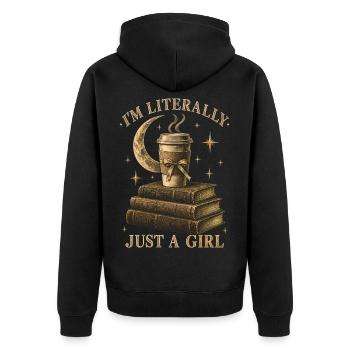 Just A Girl Vintage Books Kaffee - Unisex Premium Bio Zip Hoodie - Schwarz - Hinten - Nico (187cm)