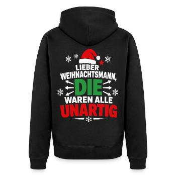 Alle unartig – Weihnachtsmann Humor - Unisex Premium Bio Zip Hoodie - Schwarz - Hinten - Nico (187cm)