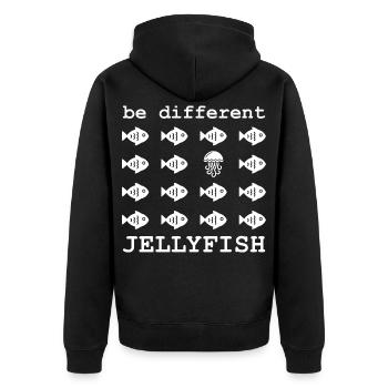 Jellyfish Be Different Qualle und Fische Spruch - Unisex Premium Bio Zip Hoodie - Schwarz - Hinten - Nico (187cm)