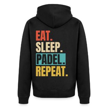 Essen, schlafen, Padel wiederholen - Unisex Premium Bio Zip Hoodie - Schwarz - Hinten - Nico (187cm)