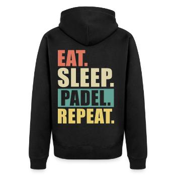 Essen, schlafen, Padel wiederholen, Tee wiederholen. - Unisex Premium Bio Zip Hoodie - Schwarz - Hinten - Nico (187cm)