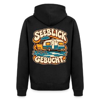 Seeblick gebucht – Retro Camping im Regen - Unisex Premium Bio Zip Hoodie - Schwarz - Hinten - Nico (187cm)