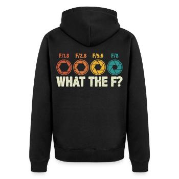 Fotografenfotografie-Blende: Was zum F? - Unisex Premium Bio Zip Hoodie - Schwarz - Hinten - Nico (187cm)