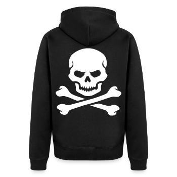 Totenkopf und gekreuzte Knochen Fettdruck - Unisex Premium Bio Zip Hoodie - Schwarz - Hinten - Nico (187cm)