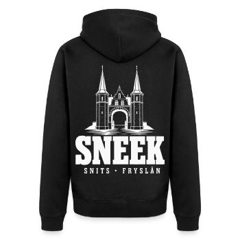 Sneek Snits Waterpoort Friesland Hoodie, Shirt - Unisex Premium Bio Zip Hoodie - Schwarz - Hinten - Nico (187cm)