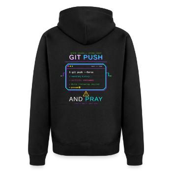 Git Push – Force and Pray - Unisex Premium Bio Zip Hoodie - Schwarz - Hinten - Nico (187cm)