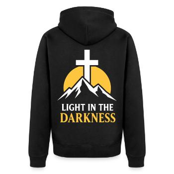 Licht-in-der-Dunkelheit-Bergkreuz - Unisex Premium Bio Zip Hoodie - Schwarz - Hinten - Nico (187cm)