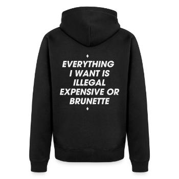 044 Alles, was ich will, ist teuer oder brünett - Unisex Premium Bio Zip Hoodie - Schwarz - Hinten - Nico (187cm)