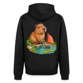 Kleines Capybara am Kieselboot - Unisex Premium Bio Zip Hoodie - Schwarz - Hinten - Nico (187cm)