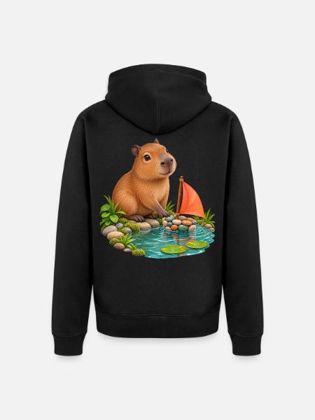 Kleines Capybara am Kieselboot - Unisex Premium Bio Zip Hoodie - Schwarz