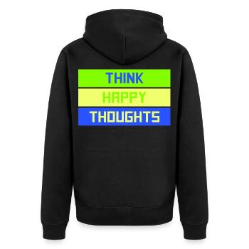 Think Happy Thoughts Frecher Spruch Mit Herz Motiv - Unisex Premium Bio Zip Hoodie - Schwarz - Hinten - Nico (187cm)