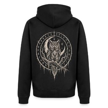 Die Eule im Runenkreis - Unisex Premium Bio Zip Hoodie - Schwarz - Hinten - Nico (187cm)