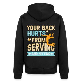 Rücken tut weh vom Aufschlag – Volleyball Humor - Unisex Premium Bio Zip Hoodie - Schwarz - Hinten - Nico (187cm)