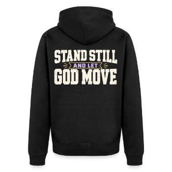 Kühne Ruhe Steh still und lass Gott sich bewegen - Unisex Premium Bio Zip Hoodie - Schwarz - Hinten - Nico (187cm)