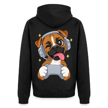 Gaming Boxer mit Headset und Controller - Unisex Premium Bio Zip Hoodie - Schwarz - Hinten - Nico (187cm)