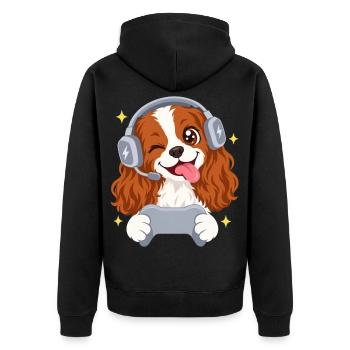 Gaming Cavalier King Charles Spaniel Headset  - Unisex Premium Bio Zip Hoodie - Schwarz - Hinten - Nico (187cm)