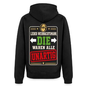 Lieber Weihnachtsmann – Freche Festtage - Unisex Premium Bio Zip Hoodie - Schwarz - Hinten - Nico (187cm)