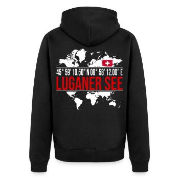 Luganer See - Unisex Premium Bio Zip Hoodie - Schwarz - Hinten - Nico (187cm)