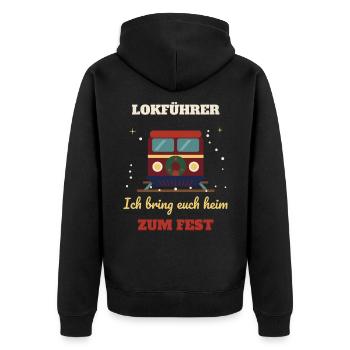 Lokführer – Ich bring euch heim zum Fest - Unisex Premium Bio Zip Hoodie - Schwarz - Hinten - Nico (187cm)