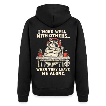 Introvertierter Waschbär Kollege Lustbüro - Unisex Premium Bio Zip Hoodie - Schwarz - Hinten - Nico (187cm)
