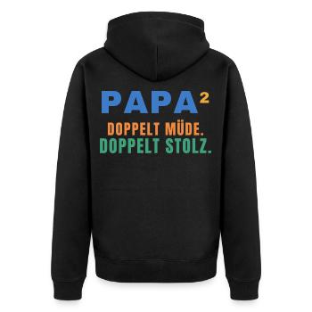Papa² – Doppelt müde. Doppelt stolz. - Unisex Premium Bio Zip Hoodie - Schwarz - Hinten - Nico (187cm)