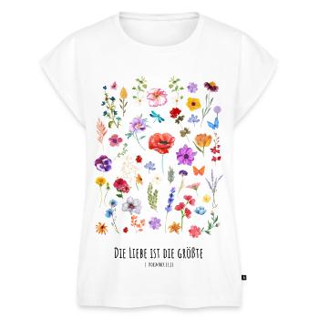 Christliches Shirt 1. Korinther 13,13 Liebe Blumen - Frauen Premium Bio Top - Weiß - Vorne - AI Model Female 172 light (172cm)