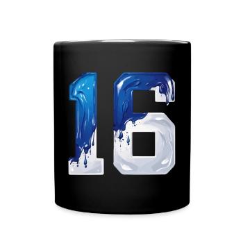 NO. 16 NUMBER 16 BLUE WHITE 16TH BIRTHDAY - Full Colour Mug - black - Front