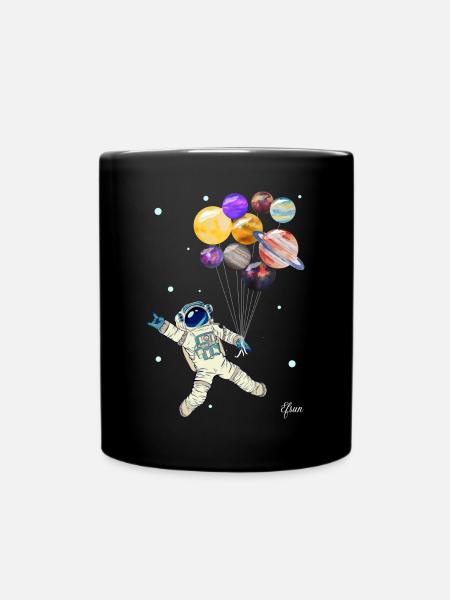 Astronaut mit Planeten Luftballons - Weltraum - Tasse einfarbig - Schwarz
