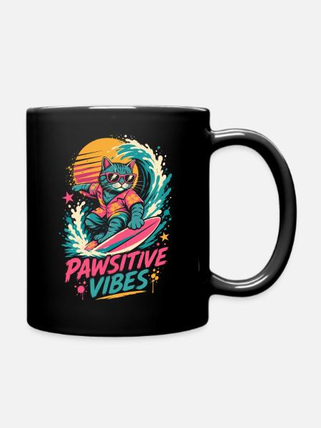 Surfende Katze – Pawsitive Vibes - Tasse einfarbig - Schwarz