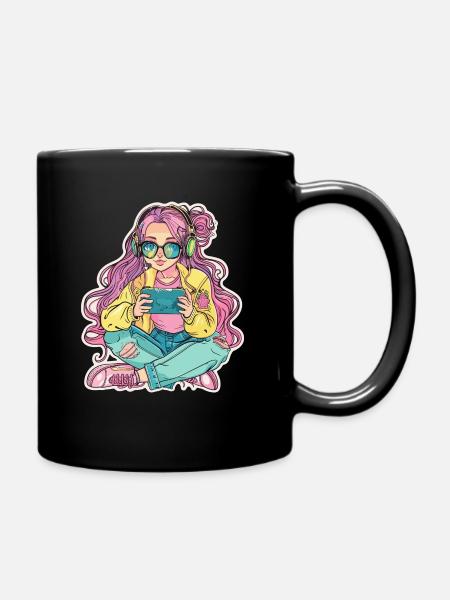 Gamer Mädchen Cartoon Look - Tasse einfarbig - Schwarz