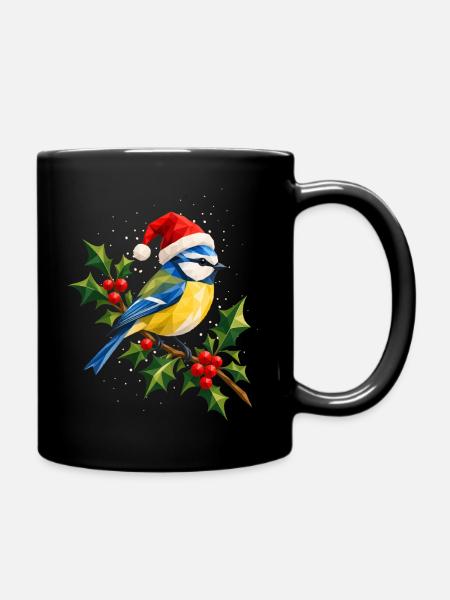 Weihnachtliche Blaumeise auf Stechpalme - Tasse einfarbig - Schwarz