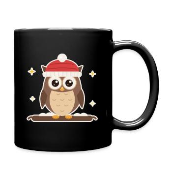 Eule mit Weihnachtsmütze auf dem Ast - Tasse einfarbig - Schwarz - Rechts