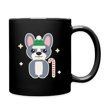 Französische Bulldogge mit Zuckerstange - Tasse einfarbig - Schwarz - Rechts