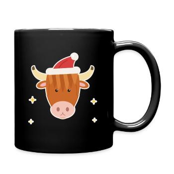 Highland Cow mit Weihnachtsmütze - Tasse einfarbig - Schwarz - Rechts