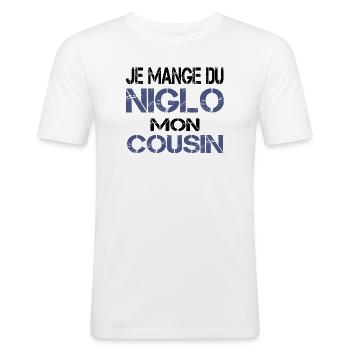 Je mange du Niglo - T-shirt près du corps Homme - blanc - Devant - Nik (191cm)