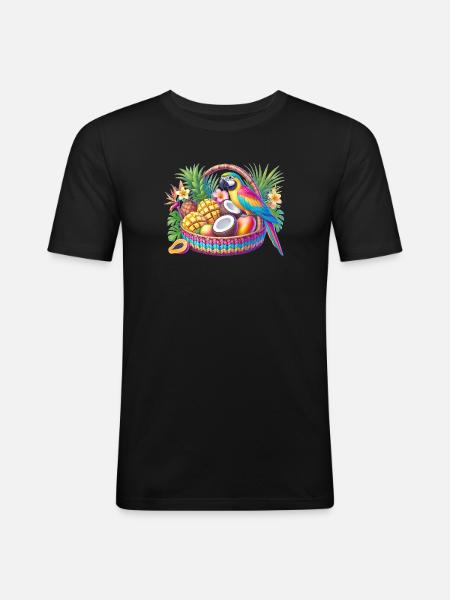 Obstkorb mit Papagei - Männer Slim Fit T-Shirt - Schwarz