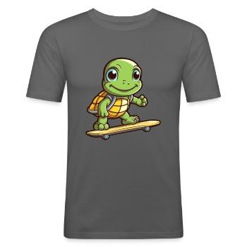 Lustige Schildkröte Kawaii Cartoon Haustier spielt Skateboard - Männer Slim Fit T-Shirt - Graphite - Vorne - Nik (191cm)