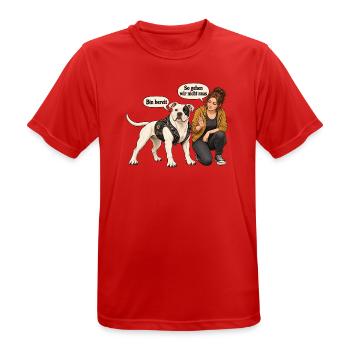 Biker-Bulldog_mit_skeptischer_Halterin - Männer T-Shirt atmungsaktiv - Rot - Vorne - AI Model Male 185 dark (185cm)