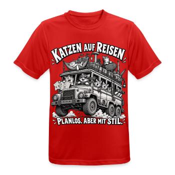 Katzen auf Reisen – Planlos, aber Stil - Männer T-Shirt atmungsaktiv - Rot - Vorne - AI Model Male 185 dark (185cm)