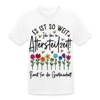Altersteilzeit - Bereit für die Gartenarbeit  - Männer T-Shirt atmungsaktiv - Weiß - Vorne - AI Model Male 185 dark (185cm)