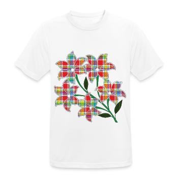 Rote Blumen mit Madras-Mustern, mehrfarbigen Blütenblättern - Männer T-Shirt atmungsaktiv - Weiß - Vorne - AI Model Male 185 dark (185cm)