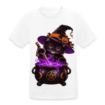 Süße Hexenkatze mit Zauberkessel – Halloween Katze - Männer T-Shirt atmungsaktiv - Weiß - Vorne - AI Model Male 185 dark (185cm)