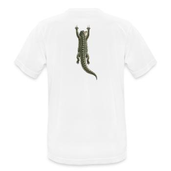 Krokodil auf dem Rücken hängend – Trompe-l'oeil-Effekt - Männer T-Shirt atmungsaktiv - Weiß - Hinten - AI Model Male 185 dark (185cm)
